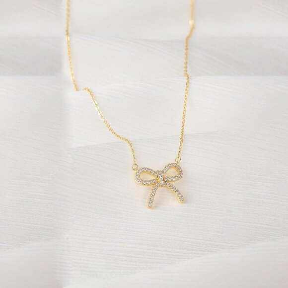 Gold Necklace for Women-14k Gold Plated Bow Necklace Cute Gold Ribbon Bow Neckla - Picture 6 of 7